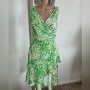 Donna Ricco Green Leaf Pattern Asymmetrical Dress Sleeveless Size 8P